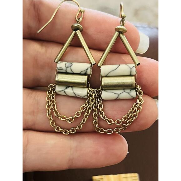 White Howlite Earrings Jewelry Triangle Chains Dangle Brass Color 3 Bars Art Dec - Picture 1 of 9
